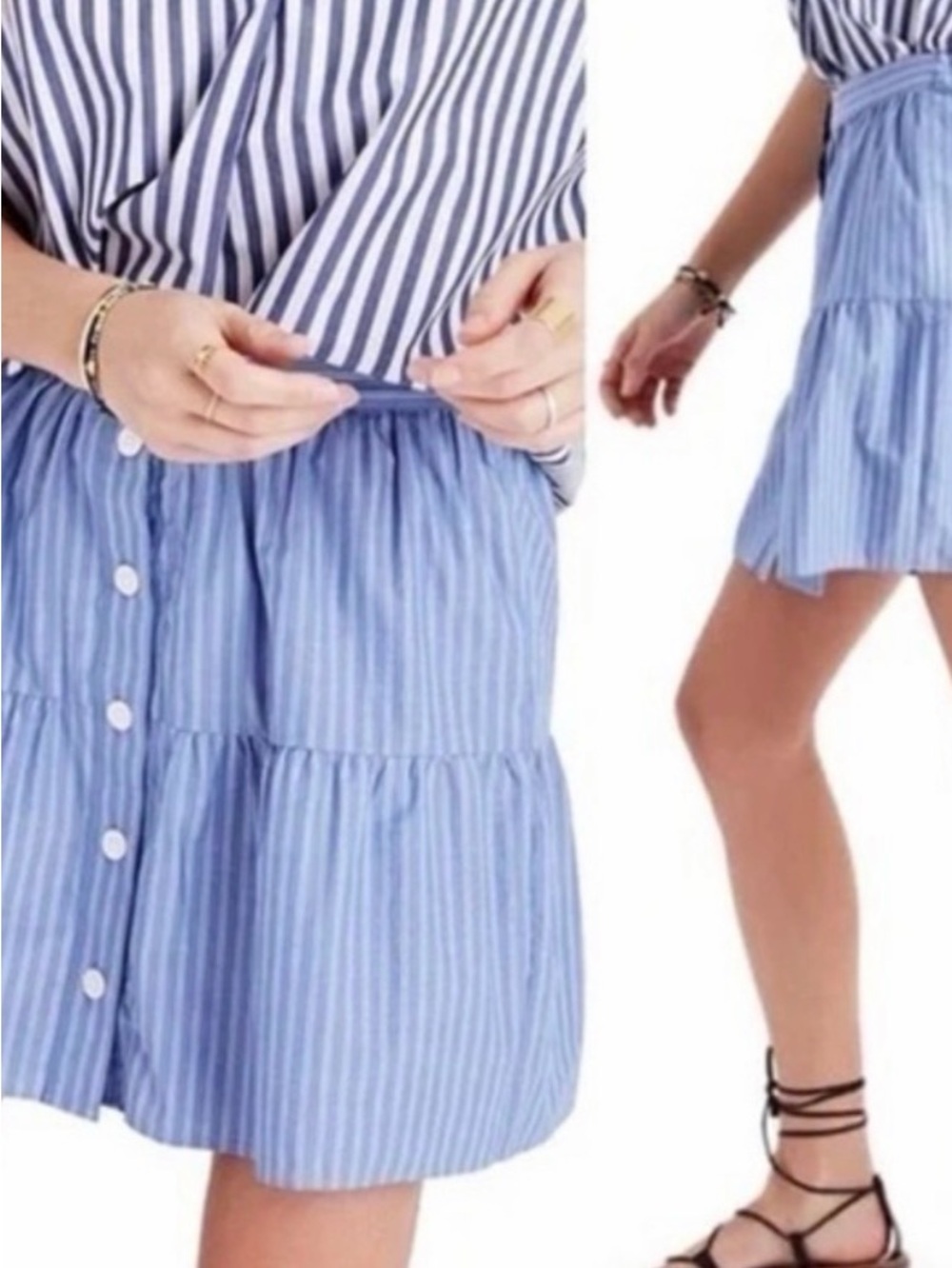 Madewell Light Blue and White Striped Tiered Mini Skirt